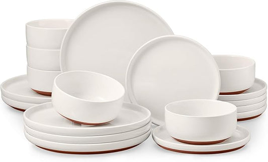 E-far 18-Piece Stoneware Dinnerware Sets, Plates and Bowls Sets for 6, Ceramic Dishware Dishes Set with Terracotta Base, Chip & Scratch Resistant, Microwave & Dishwasher Safe, Speckled White