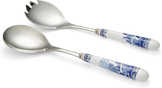 Spode Blue Italian Collection Salad Servers | 2 Piece Spoon and Fork Set | 10 Inch | Blue and White | Made of Porcelain and Stainless Steel | Italian Countryside Design