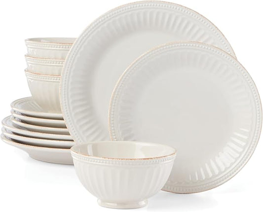 Lenox French Perle Groove 12-Piece Plate & Bowl Set, 23.05 LB, White