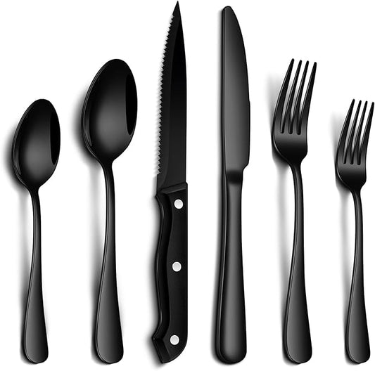 PHILIPALA 24-Piece Black Silverware Set with Steak Knives Food-Grade Stainless Steel Flatware Set for 4 Mirror Cutlery Dishwasher Safe Utensil Sets for Home Restaurant
