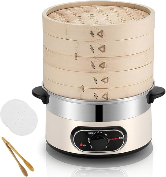 Electric Food Steamer, 2-Tier Bamboo Steamer, 60 Min Timer, Auto Shut-Off, Boil Dry Protection, 1500W