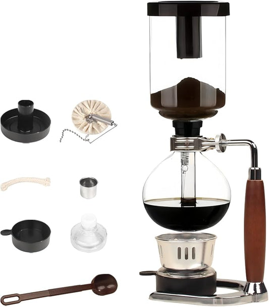 Glass Siphon Coffee Maker, Automatic Vacuum Coffee Brewer 3-Cup (360ml) with Alcohol Burner, Adjustable Buffer Clamp, Stainless Steel Bracket Base for Coffee Aficionados