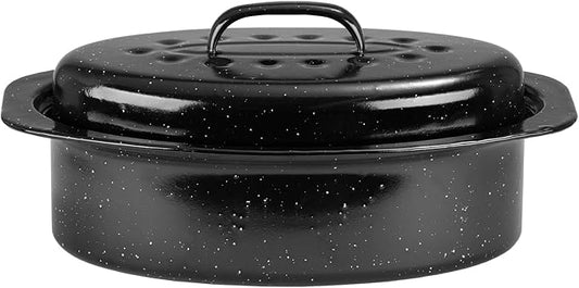 JY COOKMENT Granite Roaster Pan, Small 13” Enameled Roasting Pan with Domed Lid. Oval Turkey Roaster Pot, Broiler Pan Great for Small Chicken, Lamb. Dishwasher Safe Cookware Fit for 7Lb Bird