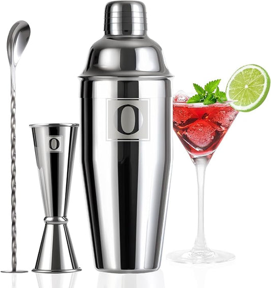 24oz Cocktail Shaker Set with 1 oz 2oz Jigger - Monogramm Initials Martini Shaker Set - 304 Stainless Steel Bar Shaker for Margarita,Mojito-Personalized Gift for Friend,Husband-O