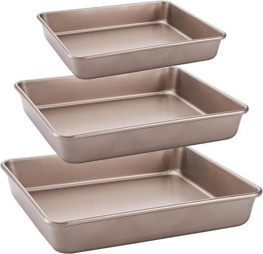 Dicunoy Set of 3 Deep Baking Pans, Nonstick Rectangle Cake Baking Sheet for Oven, Bakeware Bread Pans, Heavy Duty Carbon Steel Bread Tray, Bake Mold Turkey Roasting Pan, 8,11,12 inch