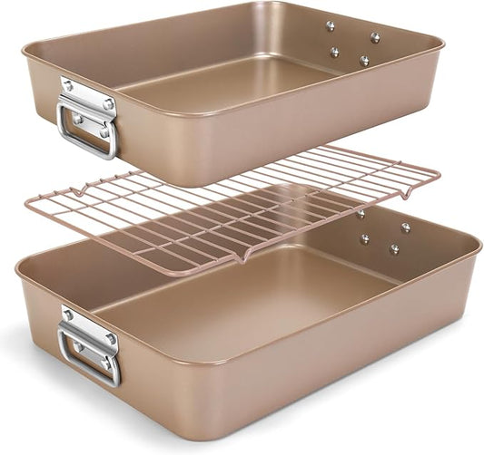 Roasting Pans with Handles, Bakeware Nonstick Steel Roaster with Flat Rack, Lasagna Pan 3 Inch Deep Baking Pan for Oven, Rectangle Cake Pans, Heavy Duty, Dishwasher Safe, 2 Pcs 13.7"16", Gold