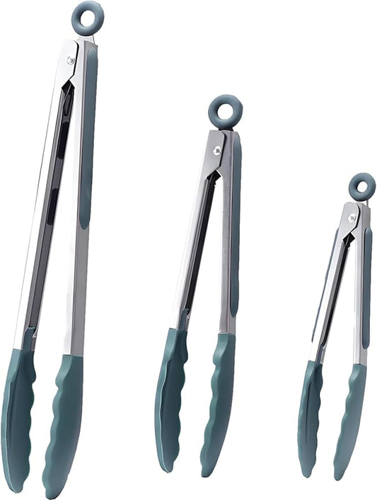 Kitchen Tongs with Silicone Tips,Tongs for Cooking Heat Resistant 600 Degrees Stainless Steel Locking Tongs,Dark green Set of 3-7", 9" and 12"