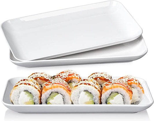 DELLING 8 Inch White Rectangular Plates Set of 3 - Porcelain Serving Platters for Appetizers, Sushi, Dessert - Oven Safe Rectangle Dinner Plates for Party, Restaurant - Stackable Ceramic Dishes