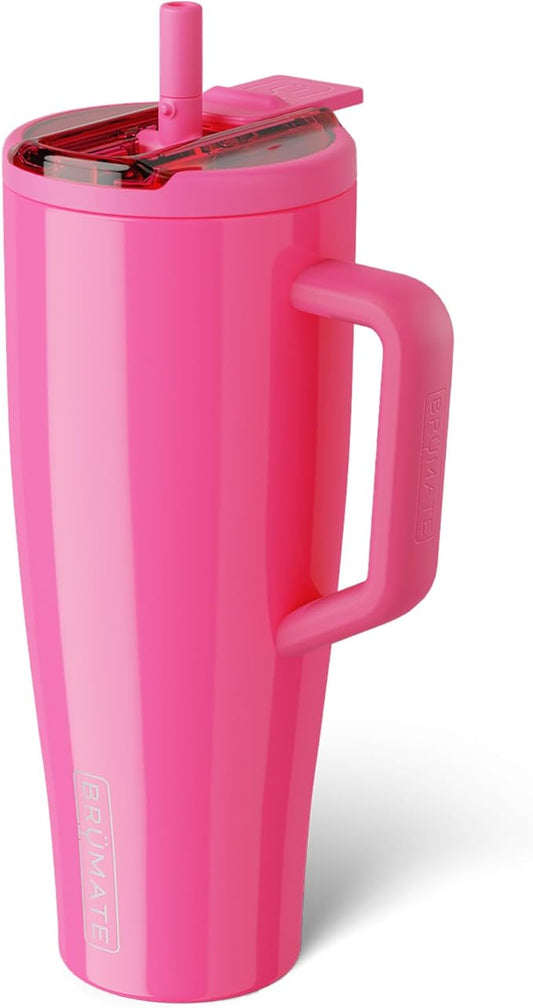 BrüMate Era Flip 40oz Tumbler with 100% Leakproof Covered Straw Lid | Hygienic Covered Straw | Insulated Stainless Steel Water Bottle with Handle | Cup Holder Friendly | BPA-Free (Neon Pink)