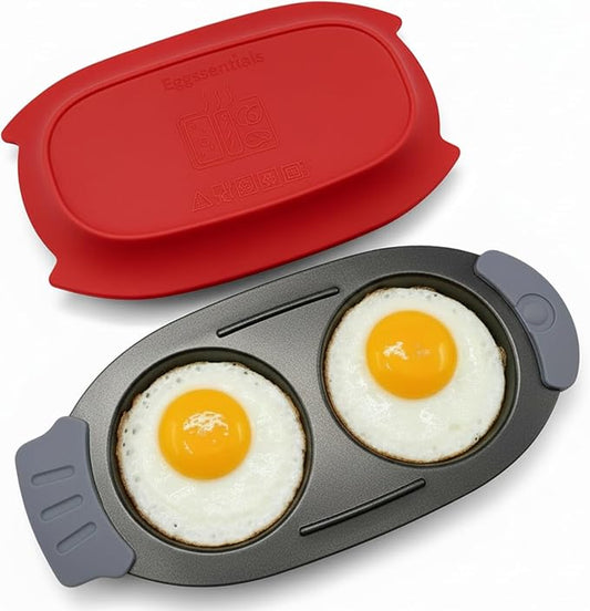 Eggssentials - Microwave Egg Cooker, Non-Stick Egg Fryer Pan with Silicone Lid, Egg Sandwich Maker and Omelette Maker for Quick Breakfast, Easy to Use and Clean, Red Color