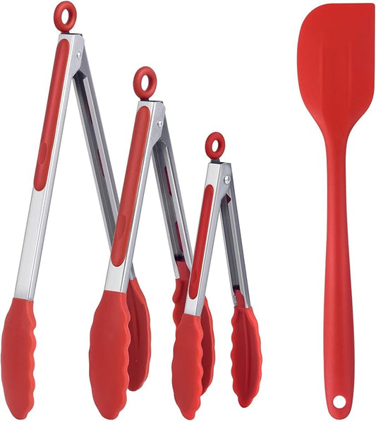 Kitchen Tongs for Cooking Locking Silicone Stainless Steel Buffet Serving Tongs, 7,9 and 12 Inch Silicone Spatula Non-stick,Heat Resistant 4 Pack