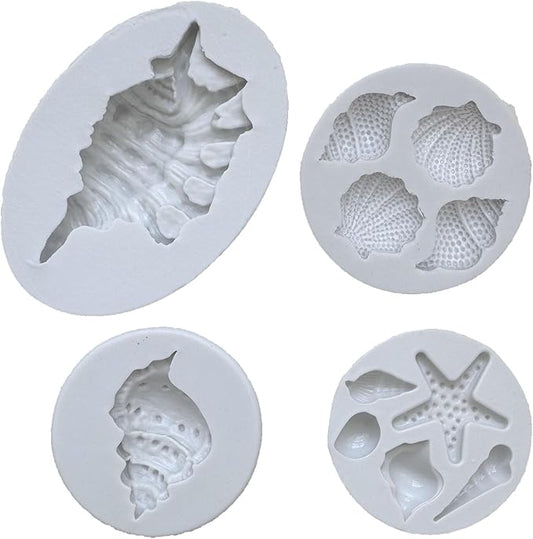 4 PCS Marine Theme Cake Fondant Silicone Mold Seashell Conch Starfish Baking Molds for DIY Cake Decoration Chocolate Candy Polymer Clay Crafting Projects