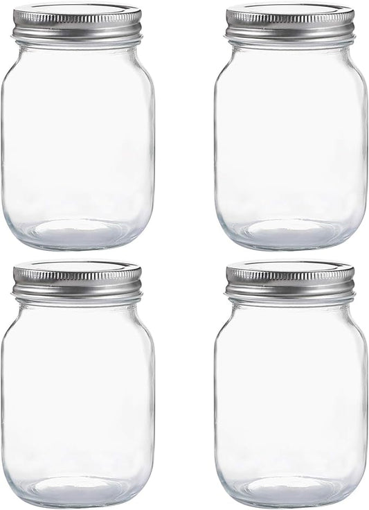 YINGERHUAN Glass Regular Mouth Mason Jars, 16 oz Clear Glass Jars with Silver Metal Lids for Sealing, Canning Jars for Food Storage, Overnight Oats, Dry Food, Snacks, Candies, DIY Projects (4PACK)