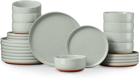 E-far 24-Piece Stoneware Dinnerware Sets, Plates and Bowls Sets for 8, Ceramic Dishware Dishes Set with Terracotta Base, Chip & Scratch Resistant, Microwave & Dishwasher Safe, Speckled Green