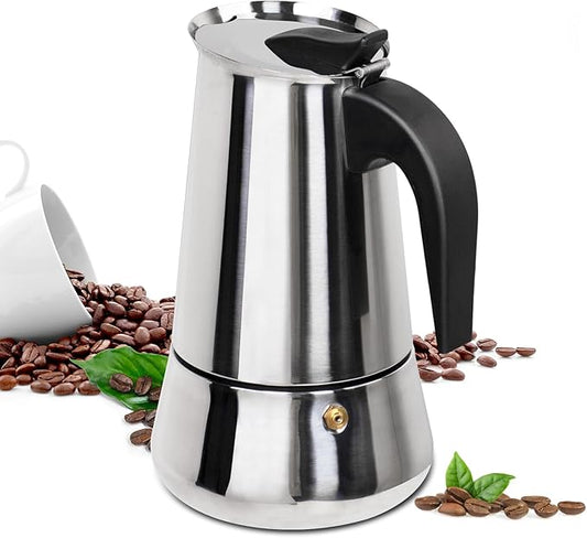 4 Cup Moka Pot Stainless Steel 200ml Italian Espresso Coffee Maker Stovetop CoffeeMakers Mocha Pot Percolator for Induction Stove Classic Cafe Makers Portable for Easy Brewing Tummy