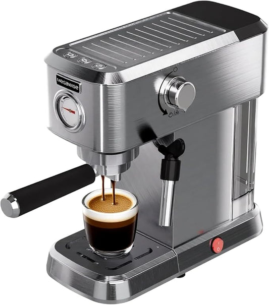 MEGAWISE Espresso Machine 20 Bar, Compact Stainless Steel Coffee Maker with Steam Milk Frother & Removable Tank for Cappuccino, Latte - Silver