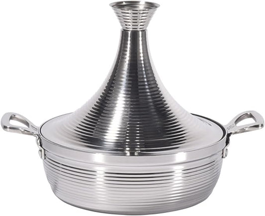 Moroccan Tagine Cooking Pot,Stainless Steel Non Stick Moroccan Casserole with 2 Handles,Large Moroccan Cooker Handmade Tagine Pot with Cone-Shaped Lid(22cm, Silver)