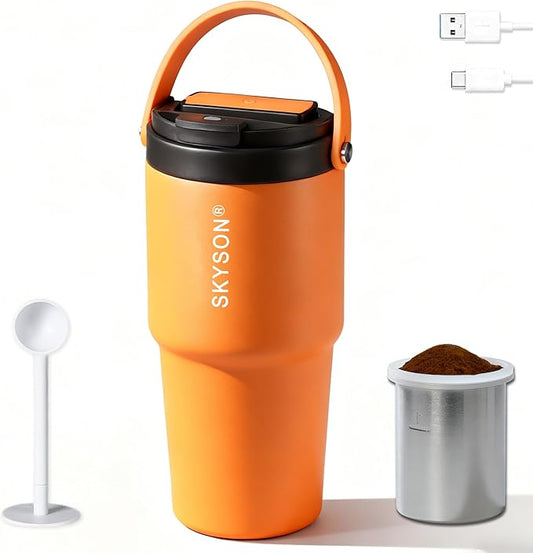 Portable Coffee Maker Mug for Travel,Mini Espresso Coffee Machine,20 oz Thermos Cup with Lid Fast Extraction Electric Filter Brewer,Insulated Stainless Steel Tumbler(Orange)