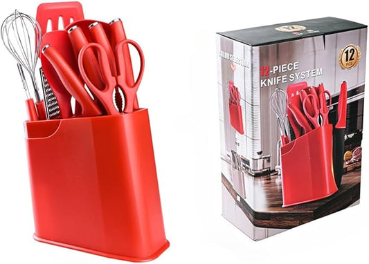 12-Piece Silicone Kitchen Utensil Set with Stainless Steel Knives – Heat-Resistant Spatula, Spoon, Peeler, Non-Scratch Cooking Tools for Baking, Frying & Grilling (Red)