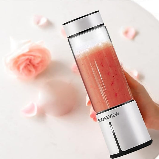 Portable Smoothie Blender ROSEVIEW Glass Cordless Mini Shakes Cup blend for smoothies USB rechargeable juicer 2 battery Handheld Personal travel Jet mixer (Black Steel) (White)