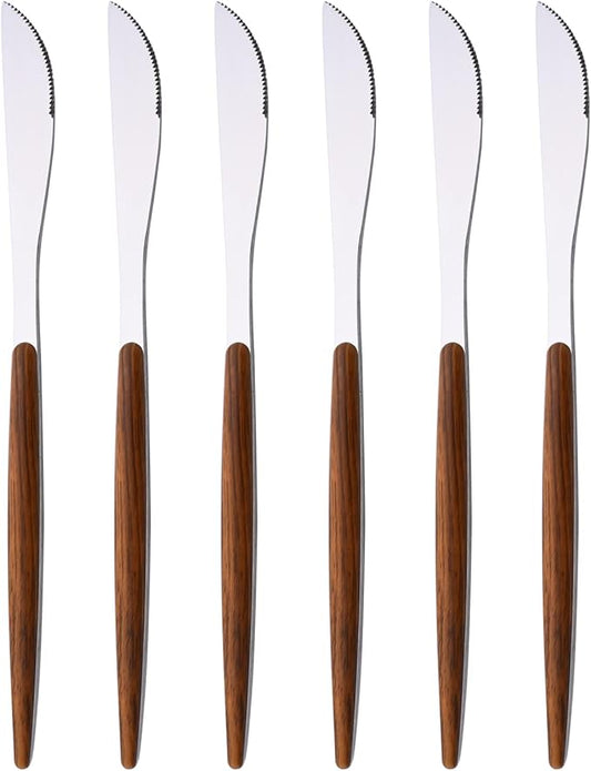 6 PCS Silver Steak Knife With Wooden Effect Handle, Stainless Steel Dinner Knife Set for 6, Mirror Polished Table Knives Set for Home Hotel Restaurant, Easy To Clean