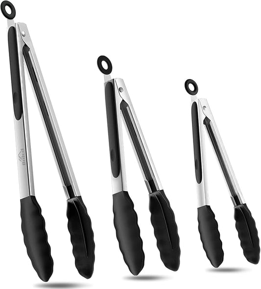 600ºF Heat Resistant Kitchen Tongs, Premium Locking Cooking Tongs with Silicone Tips, Non-Slip Food Tongs for Cooking, Non-Stick, Heavy Duty Stainless Steel Handle, Set of 3-7" 9" and 12" Black