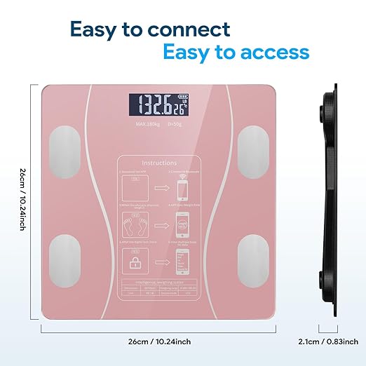 Smart Body Fat Scale with Led Display - Digital Bathroom Scale with Bluetooth, Accurate Body Composition Measurement, Muscle Mass, BMI, and Body Water Analysis - Pink