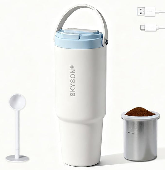 minkah Fast Extraction Mini Electric Coffee Maker - Portable Filter Coffee Brewer for Travel,Insulated Stainless Steel Tumbler,30 oz Reusable Iced Coffee Cup Machine,Hot Coffee Mug with Lid (White)