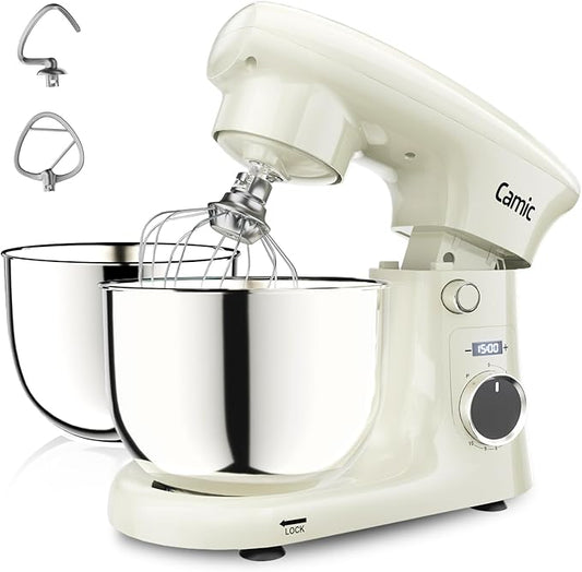 Camic Stand Mixer, 4.2QT+5.3QT Two bowls Electric Food Mixer, 10 Speeds with Digital setting 3-IN-1 Kitchen Mixer for Baking Cakes Cookie Bread Salad with Egg Whisk,Dough Hook,Flat Beater (White)