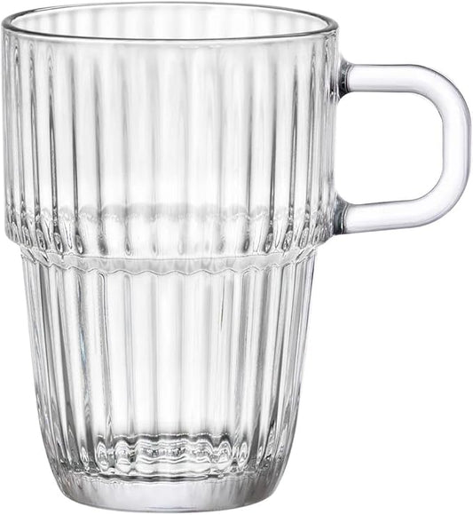 Bormioli Rocco Barshine 10.5 oz. Coffee, Tea and Hot Cocoa Mugs Stackable Tempered Drinking Glasses, Set of 12, Clear