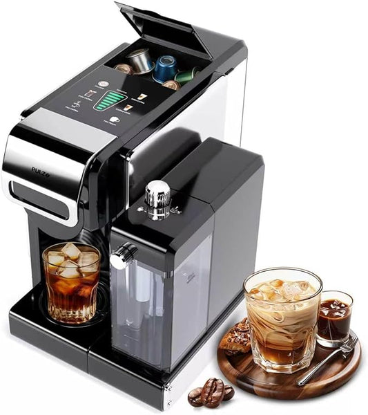 PULZO Espresso Machine with Integrated Automatic Milk Frother, capsule coffee maker for K*cup capsule/Ne*s Original/coffee powder, One Touch Latte & Cappuccino