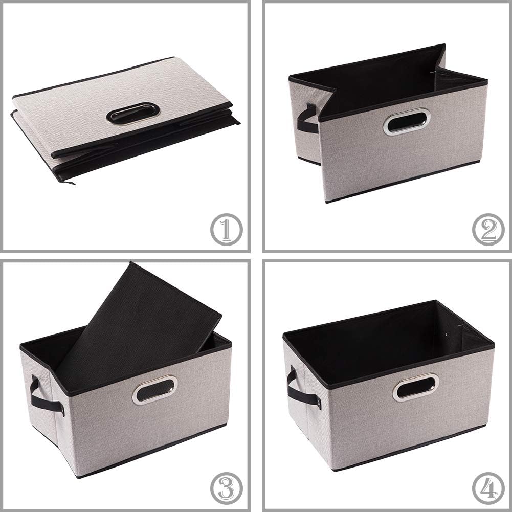 PRANDOM Fodable Storage Baskets for Closet [5-Pack] Decorative Fabric Storage Bins Cubes with Leather/Metal Handles for Shelves Bedroom Living Room Light Grey (11.5x8.5x6.7 Inch)