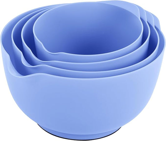 BoxedHome 4 Quart Large Plastic Mixing Bowls, Microwave Safe Mixing Bowl Set with Pour Spout, Nesting Bowls for Space Saving Storage(Violet Blue)