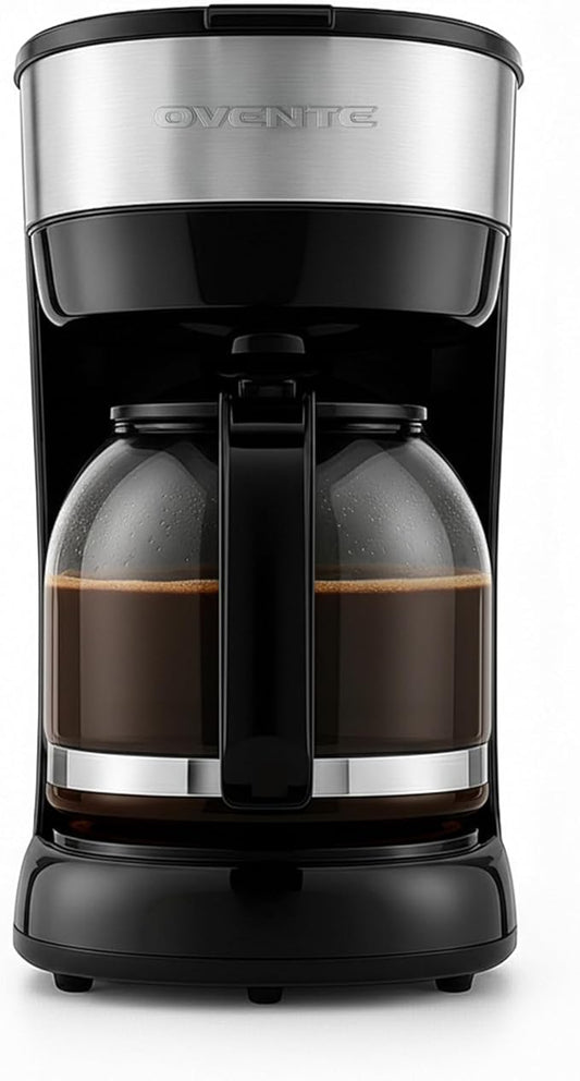OVENTE 12-Cup Drip Coffee Maker with Borosilicate Glass Carafe, One-Touch Operation Machine, Anti-Drip System, Reusable Filter and Clear View Water Level Gauge, Ideal for Home or Office, Black CM412B