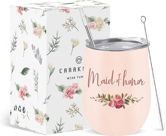 CARAKNOTS Maid of Honor Gifts Wedding Tumbler Bridesmaid Proposal Gifts Maid of Honor Wine Tumbler for Engagement Bachelorette Party Pink Stainless Steel Tumblers with Lid and Straw 12 oz