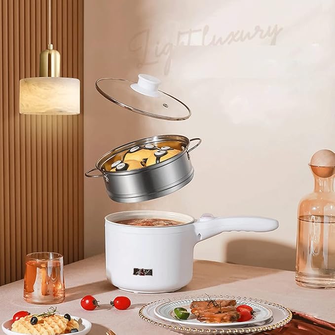 Electric Hot Pot, 1.5 L Nonstick Wok Stir Frying Pan with Stainless Steel Food Steamer Power Adjustment Skillet Saucepan for Stir Fry, Steak, Egg, Fried Rice, Oatmeal, Soup (Stainless Steel)
