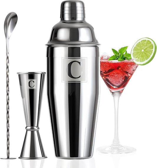 24oz Cocktail Shaker Set with 1 oz 2oz Jigger - Monogramm Initials Martini Shaker Set - 304 Stainless Steel Bar Shaker for Margarita,Mojito-Personalized Gift for Friend,Husband -C