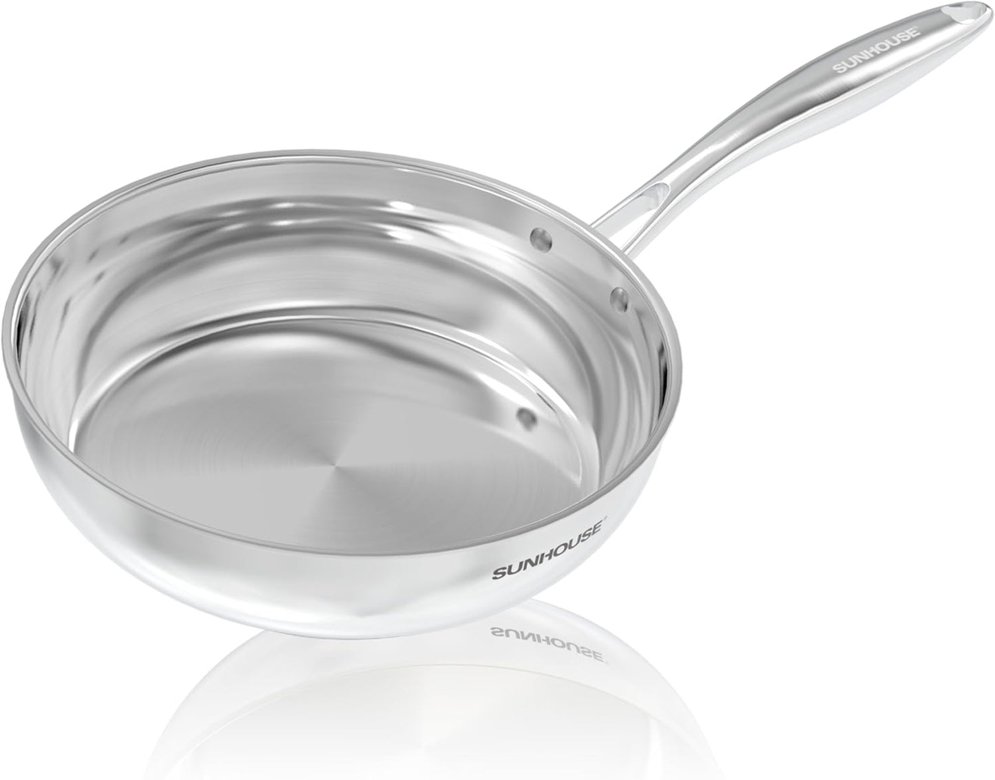 Sunhouse 10 Inch 18/10 Chef Series Stainless Steel Frying Pan, Tri-Ply Stainless Steel Construction, PFOA-FREE, Stay-Cool Handle, Induction Compatible with All Cooktops, Dishwasher Safe