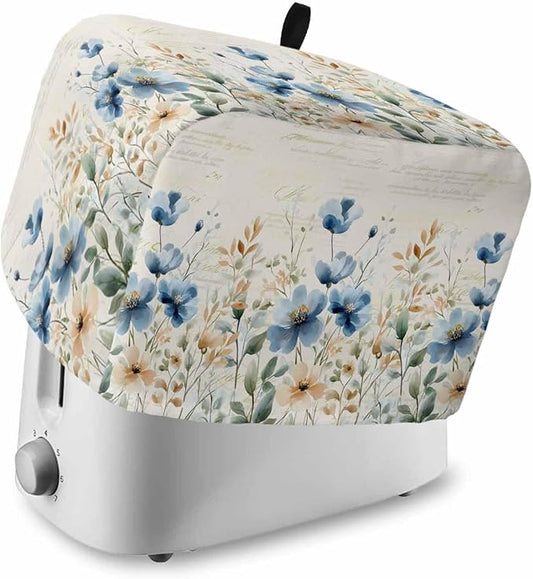 Blue Flowers Rustic Toaster Cover 4 Slice, Spring Vintage Botanical Dustproof Bakeware Oven Protector with Top Hook, Floral Beige Waterproof Small Kitchen Appliance Toasters Dust Cover, 12"x11"x8"