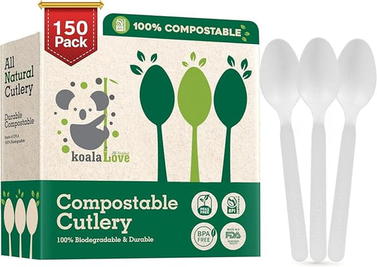 100% Compostable Spoons - (7 in.) 150 Large Biodegradable Spoon Disposable Eco Friendly Spoon Durable and Heat Resistant Alternative to Plastic Spoons with Convenient Tray, By