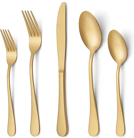 LIANYU 30 Piece Gold Silverware Set, Stainless Steel Gold Flatware Cutlery Set for 6, Fancy Kitchen Utensil Tableware for Home Restaurant Party, Satin Finish, Dishwasher Safe