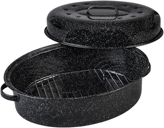 Granite Ware 19 inch oval roaster with Lid, V Rack included (Speckled Black) - design to accommodate up to 20 lb poultry/roast. Resists up to 935°F