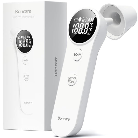 Boncare Ear and Forehead Thermometer, 2X Accuracy Infrared Digital Thermometer for Adults and Kids, 1 Second Reading, No Touch Baby with Fever Alarm