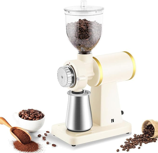 Huanyu Electric Coffee Bean Grinder 250G Commercial&Home Milling Grinding Machine 200W Automatic Burr Grinder Professional Miller 8 Fine - Coarse Grind Size Settings (White)