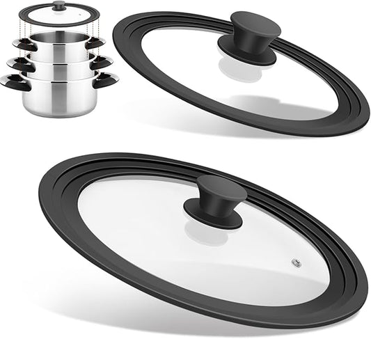 Universal Lids for Pots, Pans and Skillets, Fits 7", 8", 9", 10", 11", 12" Cookware, Universal Pan Lid and Pot Lid with Tempered Glass and Silicone Edging (2 Pack)