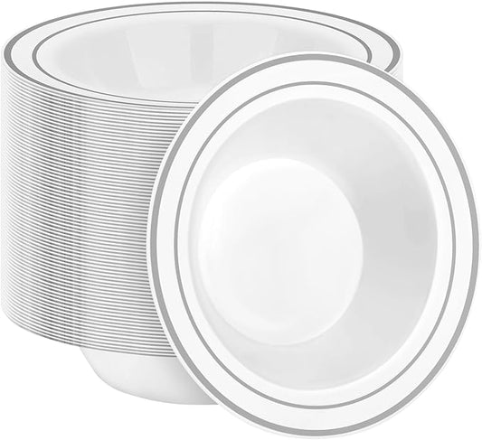 100 Pack Disposable Soup Bowls with Silver Rim, 12oz Premium Heavy Duty Plastic Dinner Bowls for Party, Wedding and Holiday