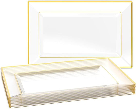 FOCUSLINE 8 PCS Plastic Serving Trays for Party, Clear and Gold Rim Serving Platters and Trays, Premium Plastic Fruit Tray, Disposable Platters for Cupcake, Dessert, Appetizers