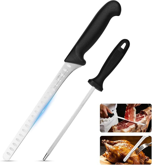 Carving Knife for Meat & 10-inch Sharpener Set - Brisket Slicing Knives with Razor Sharp High Carbon Stainless Steel Blade, Ergonomic Handle - Premium Turkey Carving Knife
