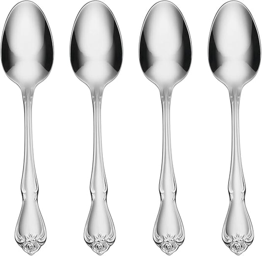 Oneida Silverware Set, True Rose Everyday Flatware Teaspoons Set, Service For 4, 18/0 Stainless Steel, 5.97 x 1.26-Inch, Dishwasher Safe, Mirror Finish, Utensils Set, Tea spoon (Silver, 4 Piece)
