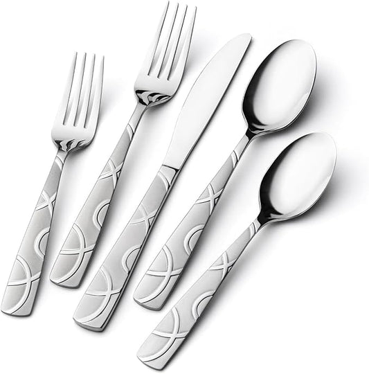 HIKAA Silverware Set, 45-piece Silverware Set with Serving Utensils Set, for Kitchen, Home, Wedding, Party, Mirror Polished and Dishwasher Safe